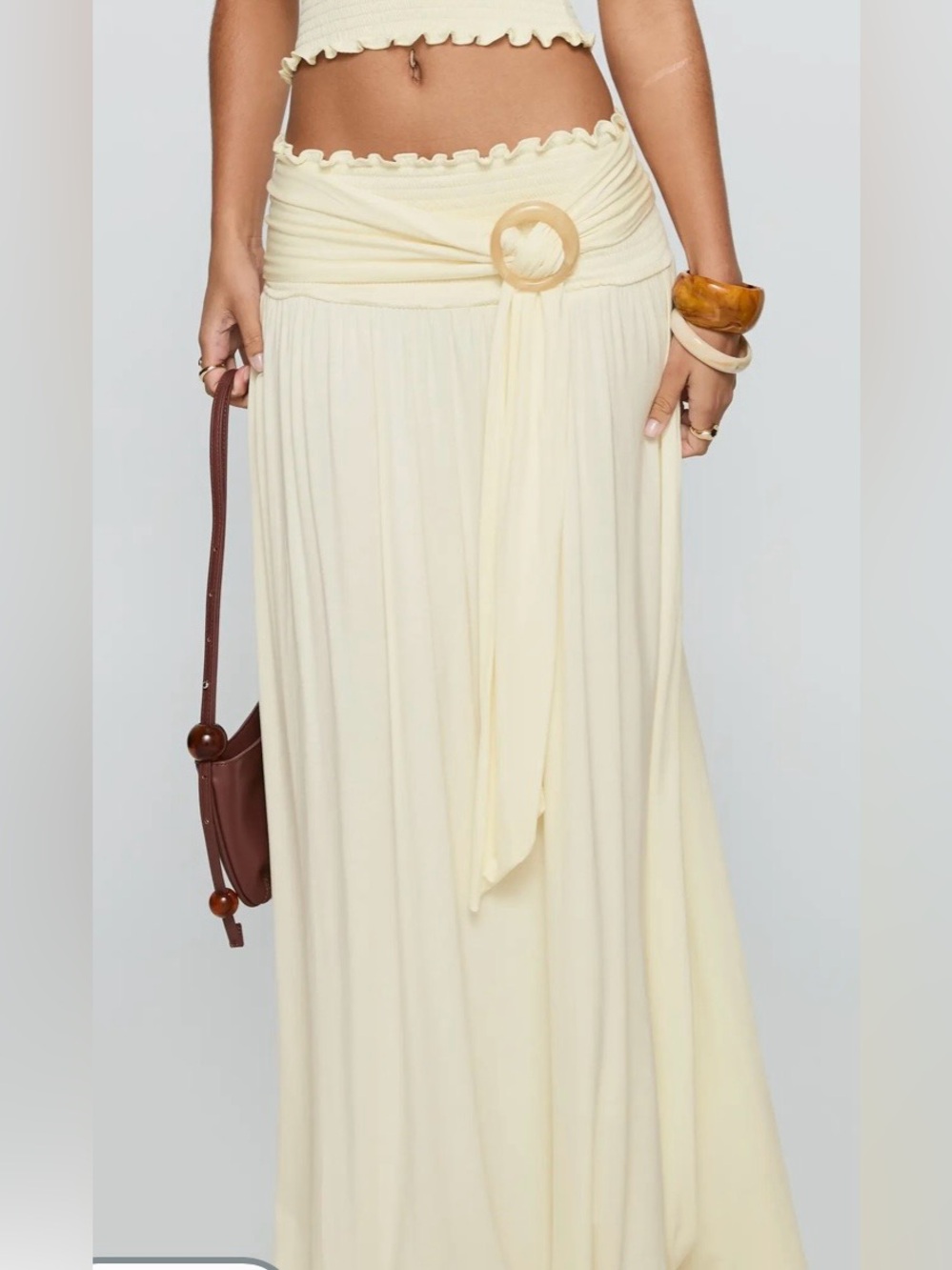 Princess Polly Orbit smocked waist Cream Maxi Skirt with Ring Waist Tie